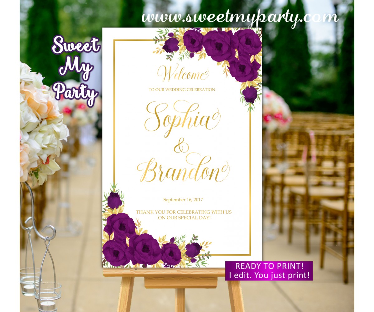 Plum Wedding Welcome Sign,Plum and Gold Wedding Welcome sign,(109w)